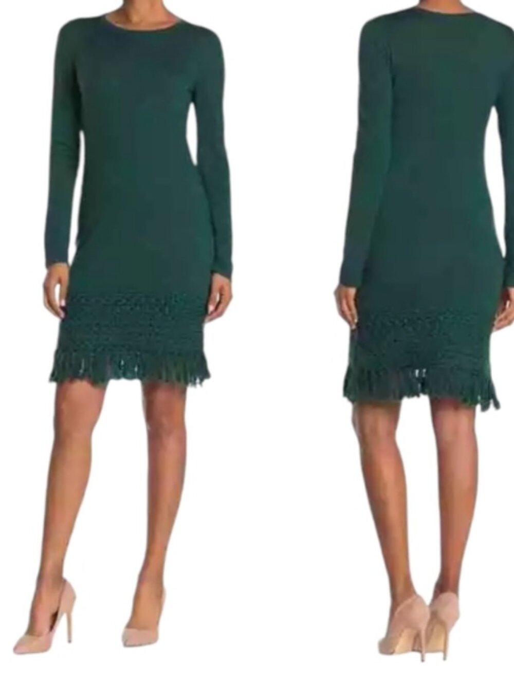 Trina Turk Over Ice Long Sleeve Tassel Hem Dress NWT Green Wool Size L